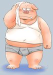 2024 anthro belly big_belly blush bulge clothing domestic_pig feet kemono male mammal overweight overweight_male shirt simple_background solo suid suina sus_(pig) topwear toshi_(artist) towel underwear