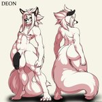 1:1 2015 abs anthro balls big_balls big_penis black_body black_ears black_fur black_penis butt canid canine canis deon_(deonwolf) deonwolf digital_media_(artwork) english_text fur genitals hi_res male mammal model_sheet navel nude pecs penis solo text white_body white_fur wolf yellow_eyes