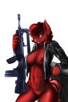 2015 2:3 anthro areola assault_rifle breasts clothed clothing d-lowell earth_pony equid equine famas fan_character female genitals gun hair hasbro hi_res horse jacket looking_at_viewer mammal my_little_pony navel nipples nude open_clothing open_jacket open_topwear pony pussy ranged_weapon red_eyes red_hair rifle smile solo topwear weapon