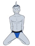 3:4 anthro blue_clothing blue_jockstrap blue_underwear clothed clothing erection erection_under_clothing fish fuze grin hi_res ian_dela_cruz jockstrap jockstrap_only kneeling looking_at_viewer male marine navel nipples shark simple_background smile solo texnatsu topless underwear underwear_only white_background