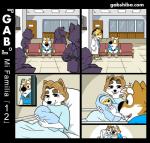 anthro baby barefoot bed blonde_hair canid canine canis comic doctor domestic_dog feet felid female furniture gab_(comic) gab_shiba gabshiba gaby_shiba gao_shiba hair hospital male mammal newborn pantherine shiba_inu smile spitz text tiger url young