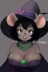 anthro big_breasts black_hair brandy_(pamaht9) breasts cleavage clothed clothing female flower flower_accessory hair hat headgear headwear hi_res lipstick looking_at_viewer magic_user makeup mammal murid murine pamaht9 plant rat rodent signature simple_background solo spanish_description witch witch_costume witch_hat