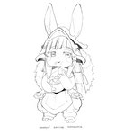 ambiguous_gender anthro clothing conto eating eating_food english_text food headgear headwear hi_res horizontal_pupils lagomorph leporid made_in_abyss mammal monochrome mouth_full nachos nanachi narehate open_mouth pupils simple_background solo standing text whiskers white_background