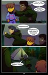 absolutedream absurd_res clothed clothing comic dialogue english_text eyewear fan_character female forest frisk_(undertale) glasses green_clothing group hair hi_res human human_only lamp male mammal not_furry pattern_clothing plant robe running striped_clothing stripes tent text tree undertale undertale_(series)