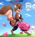 anthro baashi bodily_fluids clothing_destruction damage_numbers detailed_background digital_drawing_(artwork) digital_media_(artwork) duo embarrassed english_text female gameplay_mechanics gui health_bar hi_res killing male male/female mammal rodent sciurid slime tears text tree_squirrel twiss_(stunnyseed/twiss)