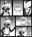 2018 absurd_res accessory anthro blake_sinclair bottomwear bow_ribbon breasts clothing comic domestic_cat door duo english_text felid feline felis female hair hair_accessory hair_bow hair_ribbon hi_res if_hell_had_a_taste lagomorph leporid mammal marci_hetson monochrome notched_ear obese obese_anthro obese_female overweight overweight_anthro overweight_female rabbit ribbons scar shirt text topwear viroveteruscy