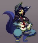 absurd_res anthro blood blue_body blue_fur bodily_fluids bra breasts canid canine clothed clothing cosplay digital_media_(artwork) female fox fur ghostface_(scream) hi_res knife mammal mask panties scream_(films) simple_background solo tail traknoch underwear white_body white_fur