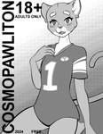 ambiguous_gender anime_eyes anime_style anonymous_artist anthro black_and_white blush blush_lines clothing college_student cosmo_(byu) cosmopolitan_(magazine) cover eyebrows felid feline fictional_magazine_cover hi_res jersey kneeling looking_at_viewer magazine magazine_cover male_(lore) mammal mascot monochrome simple_background smile solo