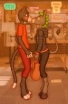 anthro asinus choko_(chokodonkey) chokodonkey clothing comic conditional_dnp dialogue domestic_cat donkey duo equid equine fast_food_restaurant felid feline felis felix_(chokodonkey) hi_res hoodie kissing male male/male mammal outside photo_background photography_(artwork) speech_bubble topwear