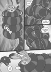 2020 ambiguous_gender anthro big_breasts breasts buckteeth clothed clothing coiling comic dialogue digital_media_(artwork) dipstick_ears disney duo ear_markings english_text female freckles_(artist) greyscale judy_hopps lagomorph leporid mammal monochrome multicolored_ears open_mouth rabbit reptile scalie snake speech_bubble squeezing teeth text zootopia