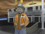 anthro canid canine canis clothed clothing construction detailed_background dracoloup_co green_eyes greypolf hc_svnt_dracones hi_res hsd male mammal modern science_fiction solo wolf wolfywetfurr_(artist)