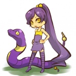 1:1 alternate_species clothing cosplay dress duo ekans female feral generation_1_pokemon hair hitec human humanized legwear mammal nintendo pokemon pokemon_(species) ponytail purple_clothing purple_dress purple_hair rattle_(anatomy) reptile scalie side_slit side_slit_clothing side_slit_dress simple_background sleeveless snake standing thigh_highs white_background yellow_clothing yellow_dress yellow_eyes