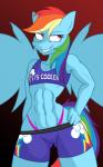 2014 abs anthro anthrofied biped blue_body blue_feathers blue_fur bottomwear clothing digital_media_(artwork) equid equine feathered_wings feathers female flat_chested friendship_is_magic fur hair hasbro hi_res jrvanesbroek mammal multicolored_hair muscular muscular_anthro muscular_female my_little_pony mythological_creature mythological_equine mythology pegasus purple_eyes rainbow_dash_(mlp) rainbow_hair shorts solo standing thong underwear wings