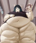 2023 anthro belly big_belly black_hair blue_hair book cartoon_hangover claire_(the_summoning) clothing domestic_cat fat_arms fat_legs felid feline felis female fur hair hi_res holding_book holding_object mammal morbidly_obese morbidly_obese_anthro morbidly_obese_female navel notched_ear obese obese_anthro obese_female occult_symbol outgrowing_clothes overweight overweight_anthro overweight_female pentagram presi_art question_mark solo symbol the_summoning weight_gain white_body white_fur