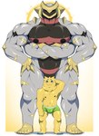 absurd_res altered_forme_giratina alvin_(mels_monster) anthro blush blush_lines bulge clothing crossed_arms generation_4_pokemon generation_5_pokemon giratina green_clothing green_underwear hands_on_hips hi_res joltik larger_male legendary_pokemon male mels_monster_(artist) mephos_(mels_monster) multi_arm multi_limb muscular muscular_anthro muscular_male nervous_smile nintendo pokemon pokemon_(species) size_difference smaller_male smile sparkles underwear