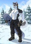 abs anjing_kampuss anthro biceps black_body black_fur boots bottomwear canid canine canis clothing domestic_dog eyewear footwear fur gloves goggles hair handwear hi_res husky joseph_(anjing_kampuss) male mammal multicolored_body multicolored_fur muscular muscular_anthro muscular_male nordic_sled_dog outside pants pecs plant shirtless_male shoes snow snowboard solo spitz standing tree two_tone_body two_tone_fur white_body white_fur yellow_eyes