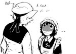 2023 anthro black_and_white clothed clothing dialogue domestic_cat duo ellipsis english_text felid feline felis female fish hi_res hladilnik lonely_shark_(hladilnik) maid_uniform male mammal marine monochrome sailor_uniform shark ship's_catboy_(hladilnik) sketch text uniform