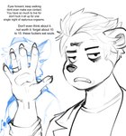 ambiguous_gender anthro bastionshadowpaw canid canine claws clothed clothing dialogue duo english_text fox hair hi_res humor jacket looking_at_viewer male mammal monochrome profanity ring shirt sketch talking_to_viewer text topwear