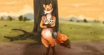 2019 4_toes anthro bag benjamin_juhanelius_redfox black_claws black_eyes black_nose blep brown_body brown_fur brown_inner_ear brown_tail_tip canid canine canis carrying_another claws clothing crossed_arms digitigrade dipstick_tail domestic_dog duo featureless_crotch feet feral fluffy fluffy_tail fox front_view fur gloves_(marking) grass hair half-closed_eyes hat headgear headwear hi_res inner_ear_fluff irosan leash lil'_cutie_(little_misfortune) little_misfortune mammal markings narrowed_eyes nude orange_body orange_fur orange_hair outside party_hat plant red_clothing red_hat red_headwear tail tail_markings tan_body tan_fur toe_claws toes tongue tongue_out tree tuft yellow_body yellow_clothing yellow_fur yellow_hat yellow_headwear