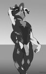 2022 african_wild_dog anthro athletic balls black_body canid canine digital_media_(artwork) fur gariyuu_(artist) genitals greyscale hi_res humanoid_genitalia humanoid_penis jackson_(tndoggo) jojo_pose male mammal monochrome multicolored_body multicolored_fur penis presenting presenting_penis simple_background solo tail