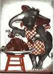 1938 20th_century absurd_res ancient_art anthro apron apron_only clothing dessert elephant elephantid eyes_mostly_closed female flat_chested food furniture grey_body hi_res hooves jean_mcconnell leaning leaning_forward little_elephant mammal mature_female mother_elephant_(little_elephant) narrowed_eyes official_art open_mouth plate proboscidean pudding red_eyes semi-anthro simple_background solo standing stool tail tail_tuft traditional_media_(artwork) trunk tuft tusks white_background