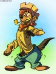 anthro canid canine clothed clothing male mammal outside shenanigan simple_background sky solo tail toony transformation