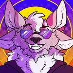 1:1 4_ears 80's_theme black_clothing black_topwear bust_portrait canine_teeth clothing eyebrows eyewear fluffy front_view icon male mercury_(haloren) multi_ear neck_tuft portrait raised_eyebrow shadekin smile solo stippling stupidshepherd sunglasses teeth topwear tuft