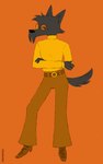 2023 5_fingers anthro artist_name belt belt_buckle bent_arm black_body black_fur black_nose black_tail bottomwear brown_belt brown_bottomwear brown_clothing brown_footwear brown_pants brown_shoes buckle canid canine canis cheek_tuft clothed clothed_anthro clothed_male clothing crossed_arms digital_drawing_(artwork) digital_media_(artwork) domestic_dog eyewear facial_tuft fingers flat_colors fluffy fluffy_tail footwear front_view fur greengrizz hi_res hunting_dog male male_anthro mammal orange_background orange_eyewear orange_sunglasses pants scottish_terrier scotty_(greengrizz) shoes simple_background solo standing sunglasses sweater tail terrier text topwear tuft yellow_clothing yellow_sweater yellow_topwear