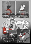 2023 absurd_res anthro beauchamp_(halcyon) book clothed clothing comic dialogue digital_media_(artwork) duo english_text fur greyscale hair halcyon_(series) herba_(halcyon) hi_res lagomorph leporid lost_andsafe male mammal monochrome mouse murid murine open_mouth rabbit reading rodent school_uniform simple_background smile text uniform white_body white_fur