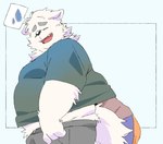 2024 anthro belly bodily_fluids bottomwear canid canine canis clothing domestic_dog duo eyes_closed hi_res inunoshippo kemono male mammal overweight overweight_male pants shirt simple_background sweat topwear