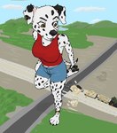 anthro canid canine canis clothing crushed_vehicle dalmatian domestic_dog ear_piercing ear_ring female hi_res high-angle_view inxt macro mammal on_one_leg pawpads piercing ring_piercing solo standing tank train_tracks vehicle