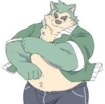 anthro bare_chest belly bulge canid canine canis clothing domestic_dog eyebrows fur green_body green_fur hi_res jacket jinnta4014 lifewonders live_a_hero male mammal mokdai musclegut muscular shirtless solo thick_eyebrows topwear