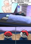 bed blush comic dialogue faceless_character faceless_male furniture hi_res human inside male mammal night nintendo noconcession pokeball pokemon sleeping solo surprise