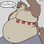 1:1 absurd_res anthro belly big_belly candy canid canine canis chocolate clothing dessert dreamworks english_text fattytober food hi_res male mammal mindof moobs morbidly_obese mr._wolf_(the_bad_guys) obese overweight overweight_male text the_bad_guys thick_arms thick_thighs tight_clothing weight_gain wolf