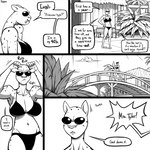 1:1 2021 anthro athletic athletic_female big_breasts bikini breasts bridge building cheetah cleavage clothed clothing comic day dialogue disgust ear_twitch english_text eyewear felid feline female grumpy hand_on_hip leopard lyla_(ehs) mammal monochrome offscreen_character outside pantherine slypon solo speech_bubble standing stated_age sunglasses swimwear text two-piece_swimsuit v-cut