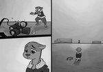 2022 absurd_res anthro base_one_layout binoculars blockage_(layout) bomber_jacket clothed clothing comic desert digital_media_(artwork) frown fur greyscale halcyon_(series) hi_res lost_andsafe male mammal monochrome mustelid otter panel_skew pilot_(halcyon) sad simple_background solo three_frame_image topwear vertical_blockage