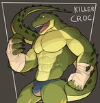 2021 abs anthro barazoku biceps biped bulge cel_shading character_name claws clothing countershading crocodile crocodilian dc_comics digital_media_(artwork) finger_claws green_body green_scales grey_background hand_wraps hi_res jrjresq killer_croc looking_at_viewer male multicolored_body muscular muscular_anthro muscular_male obliques open_mouth pecs pinup portrait pose quads raised_tail reptile scales scalie shaded sharp_teeth simple_background smile solo standing tail teeth thong three-quarter_portrait tongue triceps two_tone_body underwear wraps yellow_sclera