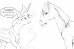 2016 crown dialogue duo english_text equid equine feathered_wings feathers female feral friendship_is_magic fur hair hasbro headgear hi_res horn horse jewelry mammal monochrome my_little_pony mythological_creature mythological_equine mythology necklace princess_celestia_(mlp) royalty silfoe simple_background text white_background winged_unicorn wings