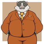 2024 anthro anthrofied badger clothed clothing colored digital_drawing_(artwork) digital_media_(artwork) eyes_closed eyewear fur glasses hands_in_both_pockets hi_res male mammal marvin_grossberg multicolored_body multicolored_fur mustelid musteline overweight overweight_anthro overweight_male simple_background smush-sin solo suit_and_tie