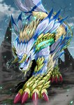 bandai_namco capcom claws crossover digimon digimon_(species) electricity fanged_wyvern feral fur garurumon hi_res horn hybrid monster_hunter red_eyes sharp_teeth striped_body striped_fur stripes sutunununu teeth zinogarurumon zinogre