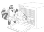 a_song_of_pork_and_fire adopted_(lore) adopted_son_(lore) anthro anthro_on_anthro apple_in_mouth appliance bdsm beard bondage bound chest_tuft cooking_with_furs devin_jr dipingxiangtr.d domestic_pig duo facial_hair father_(lore) food hands_tied imminent_death kitchen_appliance lettuce licking licking_lips male male/male mammal mature_male monochrome oven overweight overweight_male parent_(lore) plant procyonid raccoon sauce suid suina sus_(pig) tomek_fleetpaw tongue tongue_out tuft vegetable