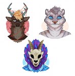 0ct0m0n0 anthro blue_clothing blue_eyes blue_topwear brown_body brown_fur bust_portrait clothed clothing deer empty_eye_sockets felid front_view fur grey_body grey_eyes grey_fur grey_hair hair looking_aside male mammal mouth_closed multiple_images orange_hair portrait purple_body purple_fur signature solo species_request topwear