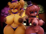 2022 3d_(artwork) anthro areola armwear bear big_breasts breasts clothing crossgender digital_media_(artwork) duo elbow_gloves female five_nights_at_freddy's fredbear_(fnaf) freddy_(fnaf) fredina's_nightclub fredina_(cally3d) genitals geodat64 gloves glowing glowing_eyes handwear hat headgear headwear hi_res huge_breasts legwear mammal mtf_crossgender nipples one_eye_closed panties pussy red_eyes scottgames thick_thighs thigh_highs top_hat underwear wink