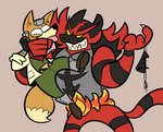 anthro canid canine clothing crossover duo footwear fox fox_mccloud generation_7_pokemon gloves handwear incineroar male mammal nintendo pokemon pokemon_(species) rusheloc simple_background star_fox teeth tongue tongue_out