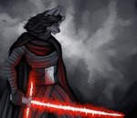 absurd_res alternate_species anthro canid canine cassielink crossguard_lightsaber digital_media_(artwork) digital_painting_(artwork) eye_scar facial_scar hi_res holding_lightsaber kylo_ren lightsaber male mammal melee_weapon red_lightsaber scar sketch solo star_wars weapon