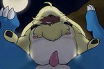 3:2 anal angoramon anthro bandai_namco belly bellyjob belt bottom_pov digimon digimon_(species) duo first_person_view fluffy_chest fur genitals goenym hair hair_over_eyes hi_res legs_held male male/male male_penetrated male_penetrating male_penetrating_male moon musclegut muscular navel nipples pecs penetration penis sex tapering_penis veemon yellow_body yellow_fur