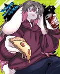 absurd_res anthro clothed clothing dayohiko dr_pepper food hi_res hoodie lagomorph leporid male mammal pizza pizza_slice rabbit solo topwear