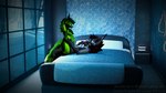 16:9 3d_(artwork) andromorph anthro bed belly big_belly blender_(artwork) blender_cycles canid canine canis comfy digital_media_(artwork) duo female fluffy fox fur furniture green_body green_fur hi_res hybrid intersex intersex/male lance_barrowpaw lance_the_lich love loving_sex male male/female mammal on_bed rynfluff tail vulper widescreen winter wolf