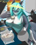 absurd_res alien anthro apron apron_only areola big_breasts black_hair blue_eyes blue_hair breasts brown_eyes canid canine canis cetacean clock clothed clothing cooking crybitur cutlery dolphin felid female food fur grey_body grey_fur hair halo hi_res hybrid kitchen kitchen_utensils mammal marine meat mostly_nude nipple_outline nipples non-mammal_breasts oceanic_dolphin open_mouth orca red_hair smile solo soup spoon stellaris tail teeth tentacle_creature tentacles tools toothed_whale water white_body white_fur white_hair wolf