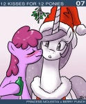 berry_punch_(mlp) blush bottle clothing container drunk duo earth_pony english_text equid equine fan_character female female/female feral friendship_is_magic hasbro hat headgear headwear horn horse john_joseco kissing kissing_bough mammal mistletoe my_little_pony plant pony princess_celestia_(mlp) princess_molestia substance_intoxication text